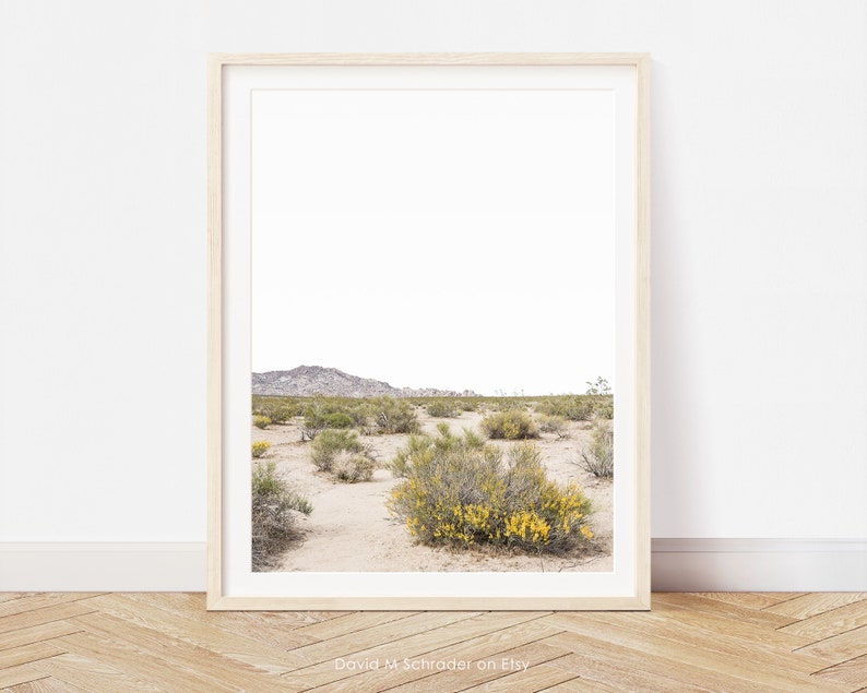 May include: A framed print depicting a desert scene under a pale sky. The foreground shows sandy ground and green and yellow desert plants. A mountain range is visible in the distance. The frame is light-coloured wood.