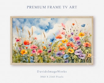 Frame TV flower watercolor painting, Spring wildflowers, Floral art digital download, Samsung TV art, Flower field, Meadow landscape artwork