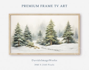 Snowy winter forest landscape, Vintage watercolor painting, Samsung Frame Tv art, Snow landscape, Rustic woodland, Evergreen pine trees