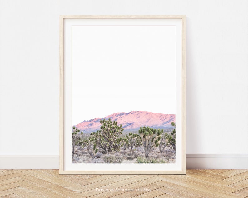 May include: A framed print depicting a desert scene with Joshua trees and a pink mountain range against a bright sky. The artwork is displayed on a wooden floor, leaning against a white wall. The print has a light wood frame.