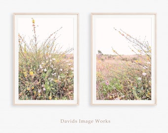 Set of two flower prints, Flower foliage diptych, Coastal wildflowers, Flower landscape, Pastel floral photo, California flowers
