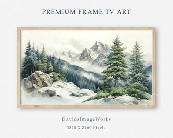 Frame Tv winter forest landscape, Watercolor painting, Samsung Frame Tv art, Snowy mountains, Evergreen trees, Vintage woodland artwork