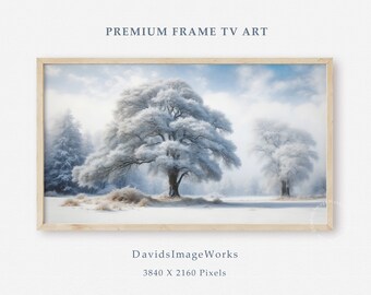 Fantasy snow tree landscape painting, Samsung Frame Tv art, Fairy tale woods, Magical woodland art, Mystical watercolor, Winter wonderland