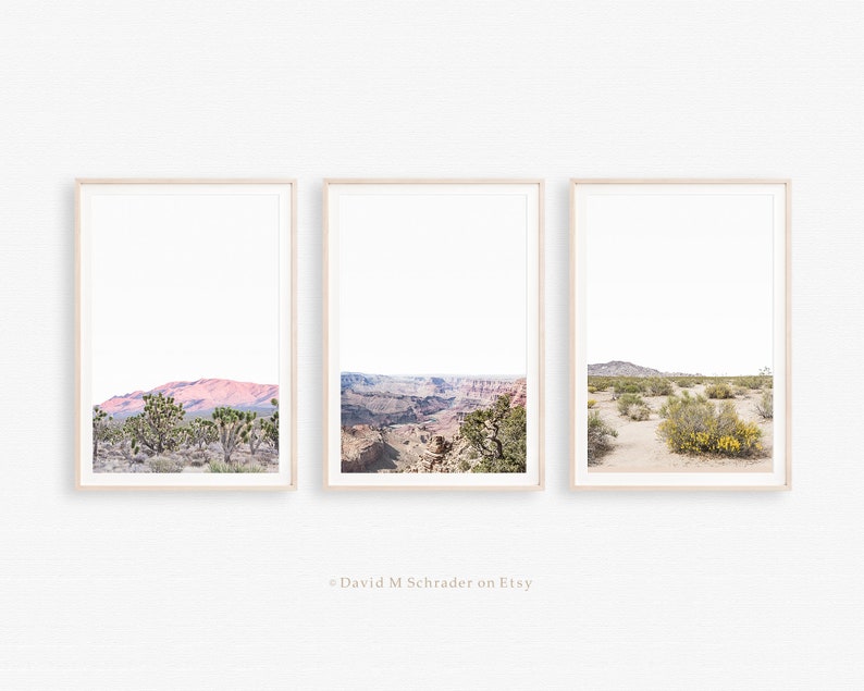 May include: Three framed landscape prints showcasing desert scenes. The prints depict a mountain range, a canyon, and a desert landscape with sparse vegetation. The frames are light-coloured, and the overall aesthetic is minimalist and serene.