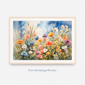 Flower watercolor download, Spring flowers print, Floral artwork, Flower field watercolor painting, Wildflower print, Summer printable image 4