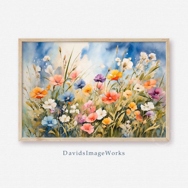 Flower watercolor download, Spring flowers print, Floral artwork, Flower field watercolor painting, Wildflower print, Summer printable image 1