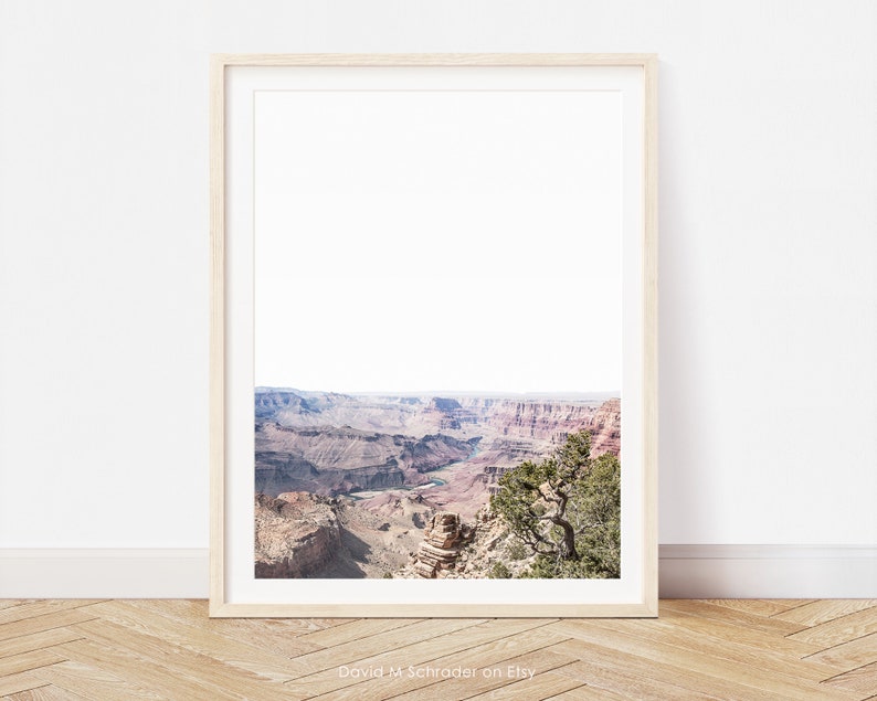 May include: A framed print depicting the Grand Canyon. The image shows layers of red and brown rock formations beneath a bright sky. A small tree is visible on the right. The print is in a light wood frame.