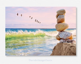 Zen Printable, Stacked Stones, Zen Garden Photo, Buddhism Download, Zen Beach Photo,  Pelican Download, Wave Printable, Seascape Download