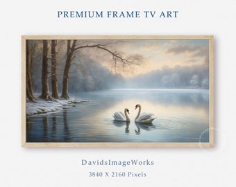 Frame TV swan lake painting, Pair of swans,Valentines Day wall art, Calm lake landscape, Vintage painting, Romantic scene, Samsung Tv art