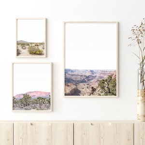 May include: Three framed landscape prints with light wood frames. The prints depict desert scenes, including a canyon vista and desert plants. A clear glass vase with dried plants sits on a wooden cabinet.