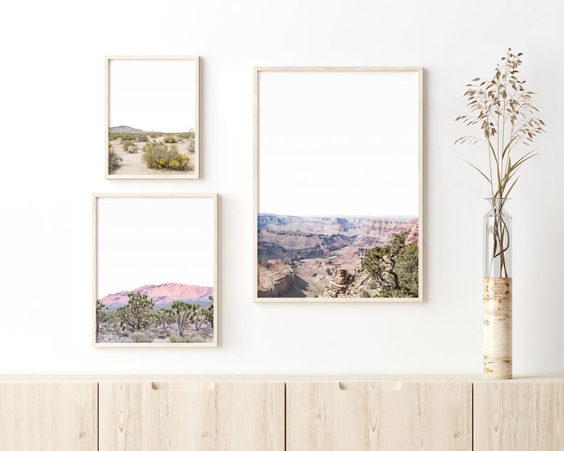 May include: Three framed landscape prints with light wood frames. The prints depict desert scenes, including a canyon vista and desert plants. A clear glass vase with dried plants sits on a wooden cabinet.