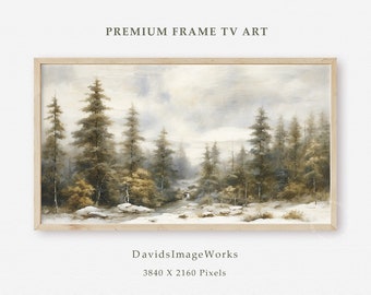 Winter forest painting, Samsung Frame Tv art, Snowy tree landscape, Vintage woodland, Country farmhouse  wall decor, Vintage watercolor art