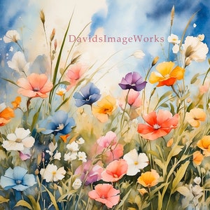 Flower watercolor download, Spring flowers print, Floral artwork, Flower field watercolor painting, Wildflower print, Summer printable image 2