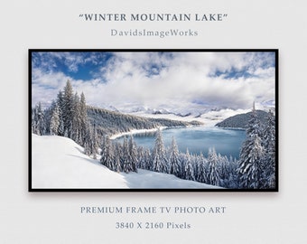 Frame Tv Winter Mountain Lake Landscape, Samsung Tv Art, Evergreen Pine Forest, Snow Capped Mountain Lake Photograph, Dramatic Wilderness