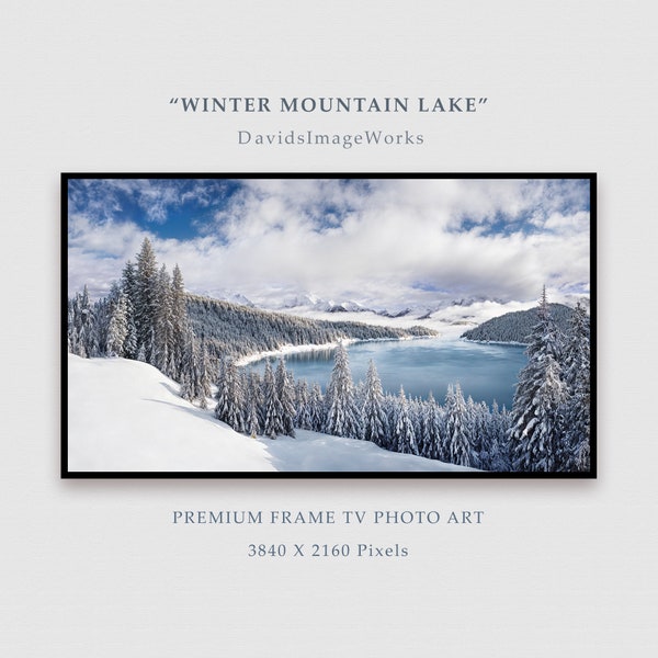 Frame Tv Winter Mountain Lake Landscape, Samsung Tv Art, Evergreen Pine Forest, Snow Capped Mountain Lake Photograph, Dramatic Wilderness