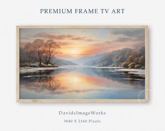 Frame Tv romantic sunset, Forest landscape, Large lake, Tree landscape, Vintage oil painting, Moody scene, Misty mountains, Samsung Tv art