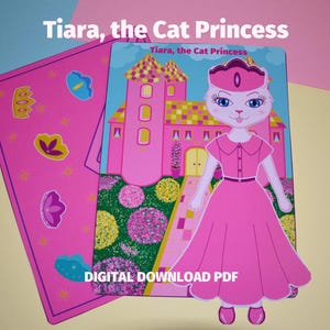 Printable DIY Project Cat Princess with Pink Castle & Crowns, Paper Doll House, Dress Up Kit, Cute Cat, Busy Book, A4 Size, Digital Download