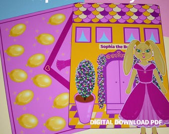 May include: A printable PDF craft activity featuring Sophia the Bunny, a pink and yellow house, and a pink rug with gold balloons. The text "Sophia the Bunny" is at the top of the image. The text "DIGITAL DOWNLOAD PDF" is at the bottom of the image.