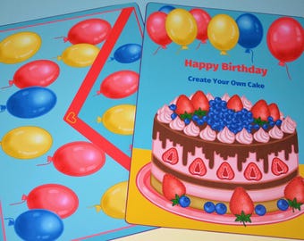 May include: Two birthday-themed cards with the text "Happy Birthday". One card features balloons in red, yellow, and blue. The other card shows a decorated cake with strawberries and blueberries. The words "Create Your Own Cake" are also visible.