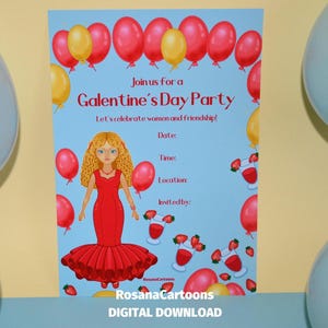 Einladung Galentine's Day Party Erdbeeren & Luftballons, Printable Set Feier, Dankeskarten, Flaggenstecker für Kuchen, digitaler Download
