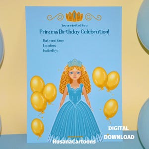 Uitnodiging prinses verjaardagsviering met prinses, kroon en ballonnen, afdrukbare feestset, taarttopper, bedankkaart, digitale download