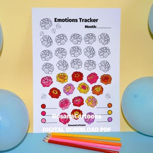 Könnte beinhalten: Druckbarer Gefühlstracker mit floralem Thema. Der Tracker enthält 30 Blumenumrisse zum Ausmalen, mit einem Farbschlüssel unten. Der Text "Emotions Tracker" und "Month:" befindet sich oben auf der Seite. Der Text "RosanaCartoons" befindet sich unten auf der Seite.