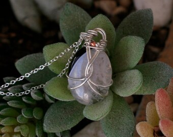 Black and white quartz with silver wire-wrapped pendant necklace