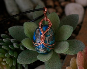 Turquoise sea sediment jasper with copper wire-wrapped pendant necklace