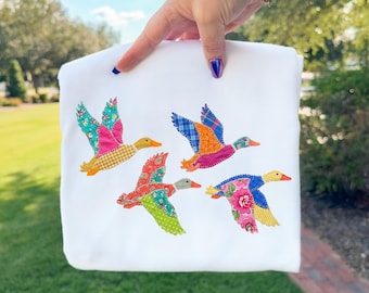Flying Ducks Faux Patchwork PNG, Cute Cottagecore Bright Shirt, Faux Fabric Applique, Vintage Quilt Style Grandma Core, Preppy Flying Ducks
