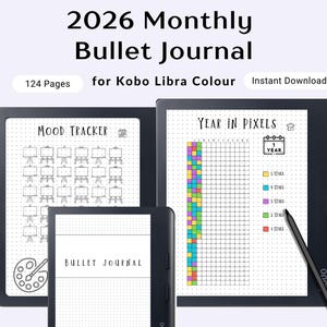 May include: A digital 2026 monthly bullet journal for Kobo Libra Colour, featuring 124 pages. The journal includes mood tracker and year in pixels pages. A black stylus is included. The text "2026 Monthly Bullet Journal" is displayed.