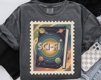 Sci-Fi-boek, png, vintage stempelboekkunst, sciencefiction lezen afbeelding, retro ruimteboekillustratie, shirtontwerp boekenliefhebber