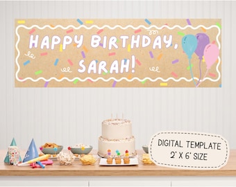 Editable Balloon Birthday Banner, Kraft Paper Confetti Happy Birthday Sign, Canva Template, Printable 2x6 Walgreens Banner