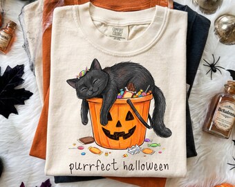Purrfect Halloween PNG, Black Cat Candy Bucket Design, Sketch Illustration Sublimation, Digital Download