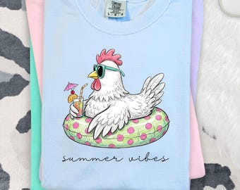 Summer Vibes Chicken PNG, Funny Hen Pool Float Drink Art (Digital Download)