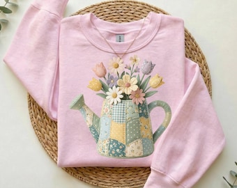 Faux Patchwork Watering Can PNG, Cottagecore Floral Garden Clipart, Quilt Style Spring Flowers PNG, Vintage Folk Art Garden Design