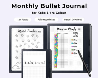 Digital Monthly Bullet Journal Kobo Libra Colour Template Hyperlinked Planner Goal Tracker Year in Pixels PDF Template Minimalist Productive