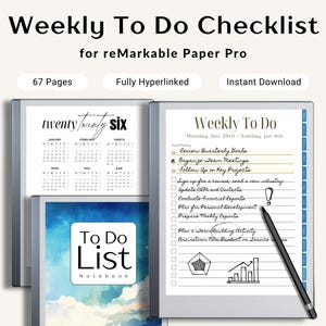 May include: Digital planner for reMarkable Paper Pro with a weekly to-do checklist, calendar, and notebook pages. The planner includes 67 pages and is fully hyperlinked. The image shows the planner with a stylus and a calendar.