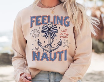 Feeling Nauti PNG Sublimation Design Coquette Bow Anchor Funny Beach Shirt Download Nautical Graphic Vacation Tee