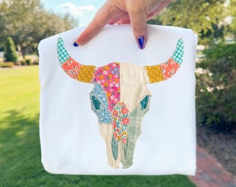 Cow Skull Faux Patchwork PNG, Cute Cottagecore Bright Shirt Design, Faux Fabric Applique PNG, Vintage Quilt Style Grandma Core, Preppy Png