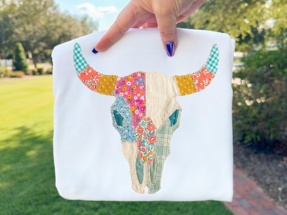 Cow Skull Faux Patchwork PNG, Cute Cottagecore Bright Shirt Design, Faux Fabric Applique PNG, Vintage Quilt Style Grandma Core, Preppy Png