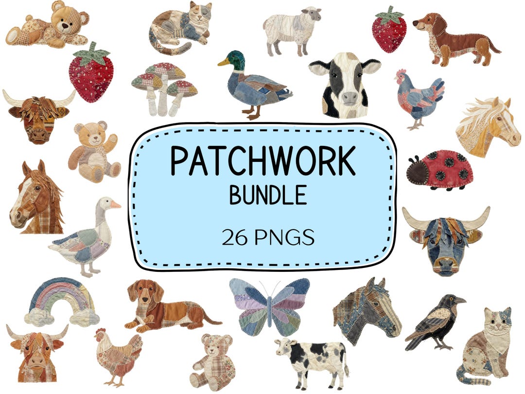 Faux Patchwork Grandma Core PNG Bundle, Vintage Quilt Style Animals ...