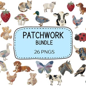 Op de afbeelding: Een verzameling van 26 patchwork PNG-afbeeldingen met verschillende dieren en objecten, waaronder een teddybeer, een kat, een aardbei, een eend, een koe en een paard. De afbeeldingen zijn in verschillende kleuren en texturen, met een lichtblauwe banner met de tekst "PATCHWORK BUNDLE".