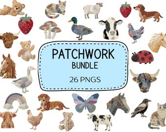Faux Patchwork Grandma Core PNG Bundle, Vintage Quilt Style Animals, Cozy Cottagecore Folk Art
