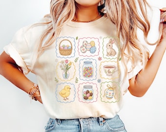 Retro Easter Stamps PNG, Vintage Easter Icons Grid, Bunny Basket Mason Jar Tea Cup, Pastel Spring Shirt Design, Easter Patchwork Graphic