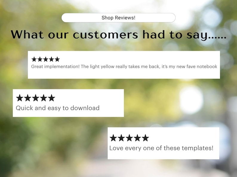 May include: Image displaying customer reviews with star ratings and text. The reviews include phrases like "Great implementation!" and "Quick and easy to download." The background is a blurred green and white.
