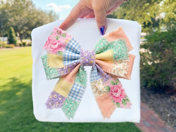 Faux Patchwork Bow PNG, Cute Cottagecore Bright Shirt Design, Faux Fabric Applique PNG, Vintage Quilt Style Grandma Core, Preppy Pastel Bow