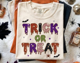 Trick or Treat PNG, Dripping Rhinestone Halloween Design, Rainbow Bling Sublimation, Digital Download