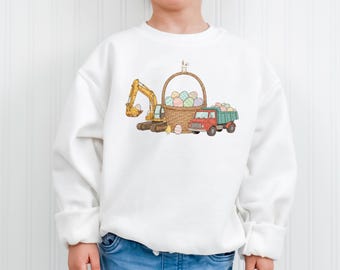 Kids Easter Construction PNG, Retro Distressed Easter Basket, Excavator and Dump Truck with Eggs, Construction Easter Shirt Design