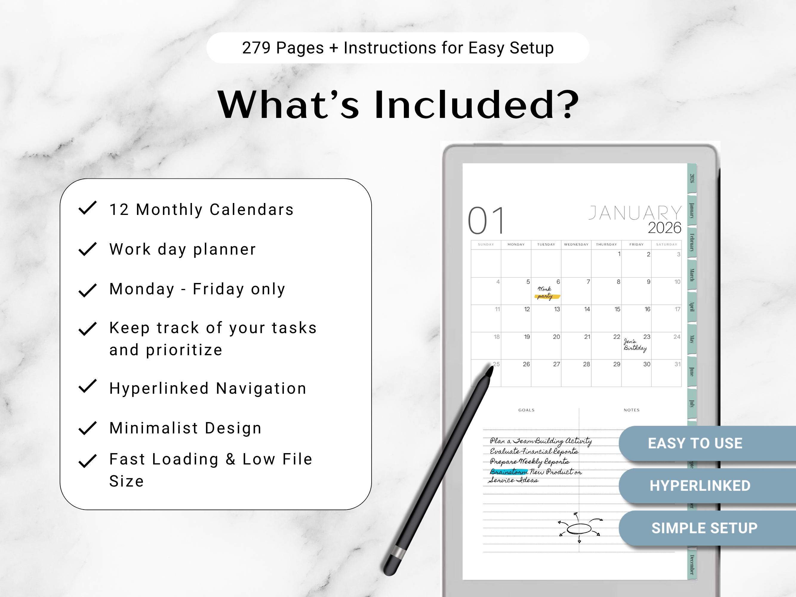 Remarkable Paper Pro MOVE Work Day Planner Organizer Template 2026 - Etsy