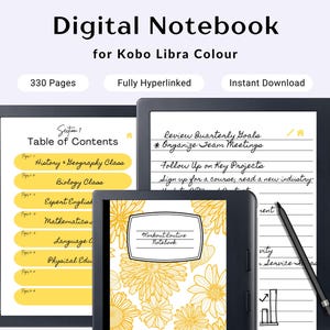 Quaderno Kobo Libra Color Floral Sunflower con collegamento ipertestuale, modello per prendere appunti, diario digitale senza carta, organizzazione, studio, pianificazione, idee, attività